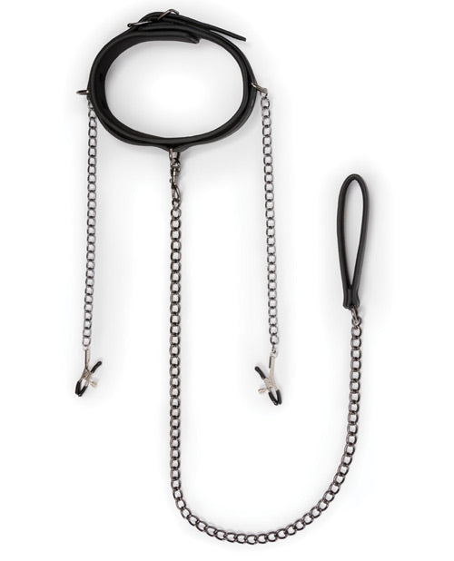 Easy Toys Faux Leather Collar W/nipple Chains - Black