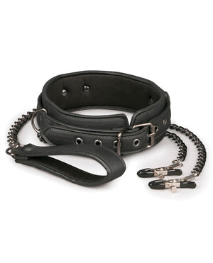 Easy Toys Faux Leather Collar W/nipple Chains - Black