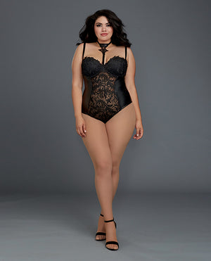 Venice Lace & Stretch Faux Leather Teddy W/snap Crotch