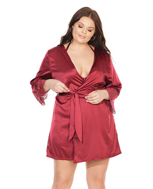 Stretch Satin Robe W/eyelash Lace Sleeve Robe Merlot