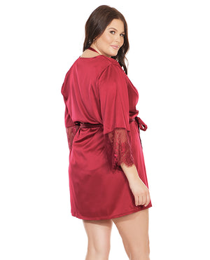 Stretch Satin Robe W/eyelash Lace Sleeve Robe Merlot