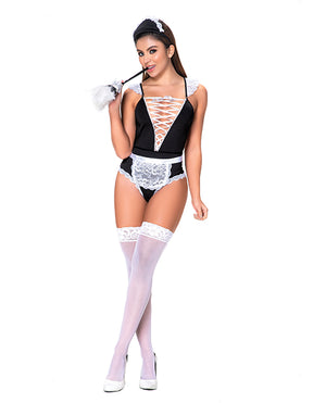 3 Pc French Maid Bodysuit, Apron & Head Piece Black/white