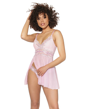 Crystal Pink Babydoll W/lightly Padded Cups & Thong Pink/silver