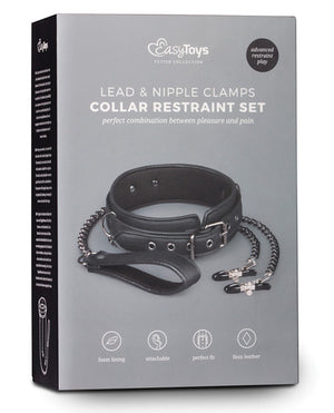 Easy Toys Faux Leather Collar W/nipple Chains - Black